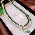 Detail of double-layer necklace with green gemstones, pearls and tassel on silk - 11# Green Double Layer Tassel Drop Style