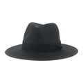 Classic black woven Panama straw sun hat with decorative ribbon and wide brim profile - Black
