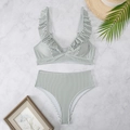Flat lay of green striped bikini with ruffle deep V-neck and high waisted bottom - White Green Striped