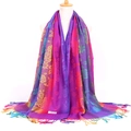 Detail of pashmina scarf with rainbow gradient, floral rose pattern, and soft tassels - Rose Purple