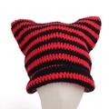 Cute cat ear knit beanie with bold red and black horizontal stripes for winter - M (56-58cm) / Black Red