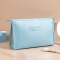 Light blue PU leather cosmetic bag with carry handle and travel fashion embossed logo - Blue-Large
