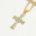 Gold cross necklace with mint blue enamel and white rhinestones on twisted rope chain - Teal Enamel