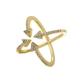 Detailed view of a gold-plated open ring with cross arrow design and pavé cubic zirconia - Gold Cross Arrow