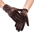 Detail view of brown elastic velvet gloves for women with a vintage glossy finish - One Size / Coffee