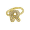Adjustable golden balloon bubble ring with crystal pavé letter R in minimalist style - Adjustable Open / Gold-R