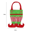 Christmas elf pants gift bag in red and green felt with striped legs and soft pom poms - Striped Green Waist Style
