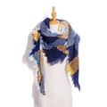 Plaid knitted triangle scarf in dark blue and orange colors with fringed edges - Dark Navy Plaid