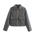 Detail of dark grey tweed jacket with zipper closure and large utility flap pockets - S / Gray