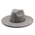 Detail of grey wide brim fedora hat featuring decorative band with evil eye ornament - M (56-59cm) / Grey Suede
