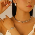 Polished silver metal jewelry set with open collar necklace and teardrop earrings - Water Drop Earrings + Bangle + Choker (35) / Three-Piece Set / Bright Silver