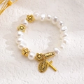 Detail of baroque pearl bracelet with gold flower beads, Virgin Mary medal and cross charm - Antique Gold (M-432)