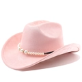 Dettaglio cappello da cowboy in camoscio rosa con fascia di perle e tesa larga curva - M (56-58cm) / Rosa