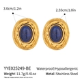 Detail view of retro gold stainless steel earrings with oval lapis lazuli stone size specs - Gold Inlaid Dark Blue Gemstone Style (YYE025249-BE)