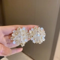 Gros plan sur des boucles d'oreilles fleurs nacrées avec détails en perles et dorures - 25# Tige en Argent-Blanc-Grappe de Fleurs