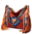 Bohemian large shoulder bag with geometric prints and fringe details in orange and blue - Style 7