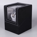 Caja de carga para un reloj en cuero negro granulado con costuras blancas y ventana - 1+0 Negro Gris (Mini)