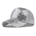 Detail of silver sequin texture and breathable mesh on the back of the stylish sun hat - Adjustable / Silver