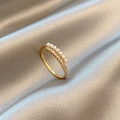 Close-up of golden ring featuring parallel white pearls and rows of sparkling zircons - Style H-Pearl Row Luxury Zircon