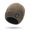 Dunkelbraun-graue Rippstrick-Beanie mit V SPORTS Label und warmem Fleece-Futter - Einheitsgröße / Beige