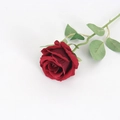 Artificial deep red velvet rose branch with realistic petals and green leaves - Large Velvet Wine Red