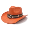 Detail of orange woven straw cowboy hat with floral embroidery and beaded metal accent - M (56-58cm) / Orange