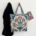 Vintage floral tapestry tote bag with pink carnations and striped handles for women - Style 3