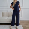 Damen Strickset in Dunkelblau mit kurzärmeligem Oberteil und weiter Hose für die Freizeit - S / Marineblau