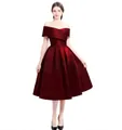 Elegant wine red off-shoulder satin short party dress with pleated A-line skirt - US size 14W / Dark Wine Red