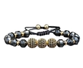 Men's adjustable braided bracelet with gold micro-pave black zircon balls and beads - Hematite with Gold Zirconia Ball