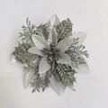 Macro view of 14cm silver glitter poinsettia flower for Christmas tree and wreath decoration - Silver