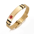 Golden mesh medical alert bracelet with red Caduceus symbol and adjustable buckle strap - Gold Plate + Gold Chain