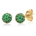 Golden ball stud earrings with emerald green crystals on white studio background - Green (Gold Base)