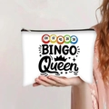 Pochette en toile blanche Bingo Queen avec couronne et boules colorées et fermeture noire - Style Reine du Bingo(jiayingpbb0422)