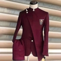 Plus size men's burgundy two-piece formal suit with mandarin collar and gold buttons - XXS / Burgundy