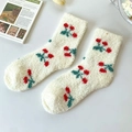 Plush white crew socks with festive red and green cherry patterns for winter warmth - One Size / Beige (Cherry)