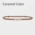 Elegant caramel leather belt for women featuring golden buckle with pearls and rhinestones - Caramel color