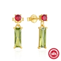 Orecchini in argento 925 dorato con diamante rosso e pietra preziosa verde rettangolare - Argento 925 / Oro Rosso Verde Zirconia Tondo Rettangolare