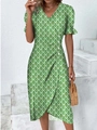 Close-up of geometric pattern on V-neck puff sleeve dress with woven texture detail - S / Dresses / Light Green