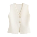 Elegante chaleco de punto blanco para mujer con cuello en V profundo y botones dorados - S / Blanco
