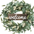 Artificial eucalyptus wreath with white berries and wooden welcome sign for front door - RFW23008-Natural Style Welcome Door Hanging