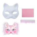 DIY cat mask making kit with white pulp base, pink fur fabric, and finished mask sample - DIY Paper Pulp Mask And Accessories (Cyan Pink)