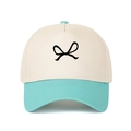 Two-tone cotton baseball cap with cream crown, blue brim and embroidered black bow - Adjustable / Lake Blue