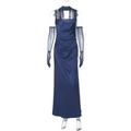 Detail von dunkelblauem Satin-Kleid mit Korsett-Stäben, Netzhandschuhen und Halstuch - S / Marineblau