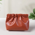 Brown leather mini makeup organizer with spring closure and stylish rounded design - Small / Coffee