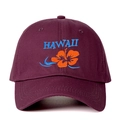 Close-up of Hawaii embroidery and orange hibiscus flower on purple cotton baseball cap - One Size / Burgundy