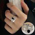 Silver wavy open ring with oval black onyx stone inlay for a modern vintage style - Black Agate Wavy Wide Band