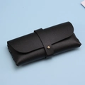 Black leather sunglasses case with weave texture and golden metallic stud closure - Black Thin Case with Buckle