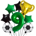 Soccer championship trophy balloon set with green number 9 and foil stars for birthday party - Number 9 Style