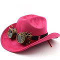 Macro shot of fuchsia faux suede cowboy hat with steampunk goggles and gold gear details - M(56-58cm) / Rose Red